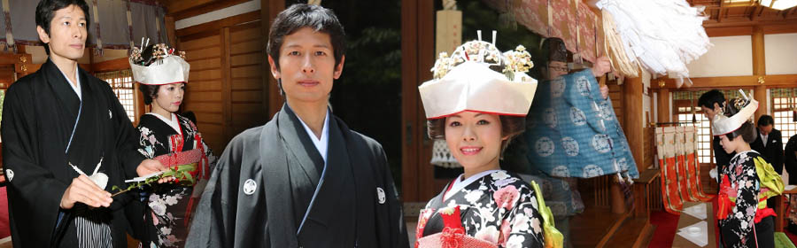 我孫子総鎮守柴崎神社での和装結婚式・黒引き袖の花嫁・紋付の新郎